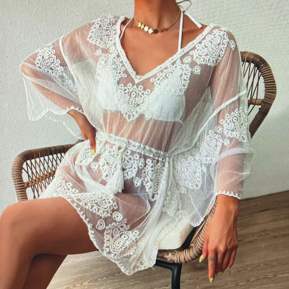 Sheer White Lace Beach Cover-Up Tunic for Women - Picture 2 of 5
